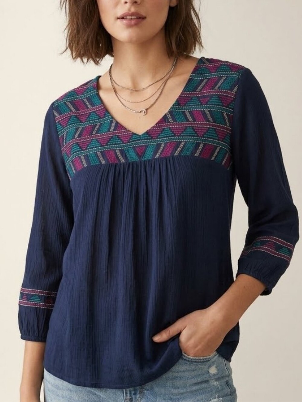 Lucky Brand Navy Peasant Top with Teal & Magenta Aztec Embroidered Yoke